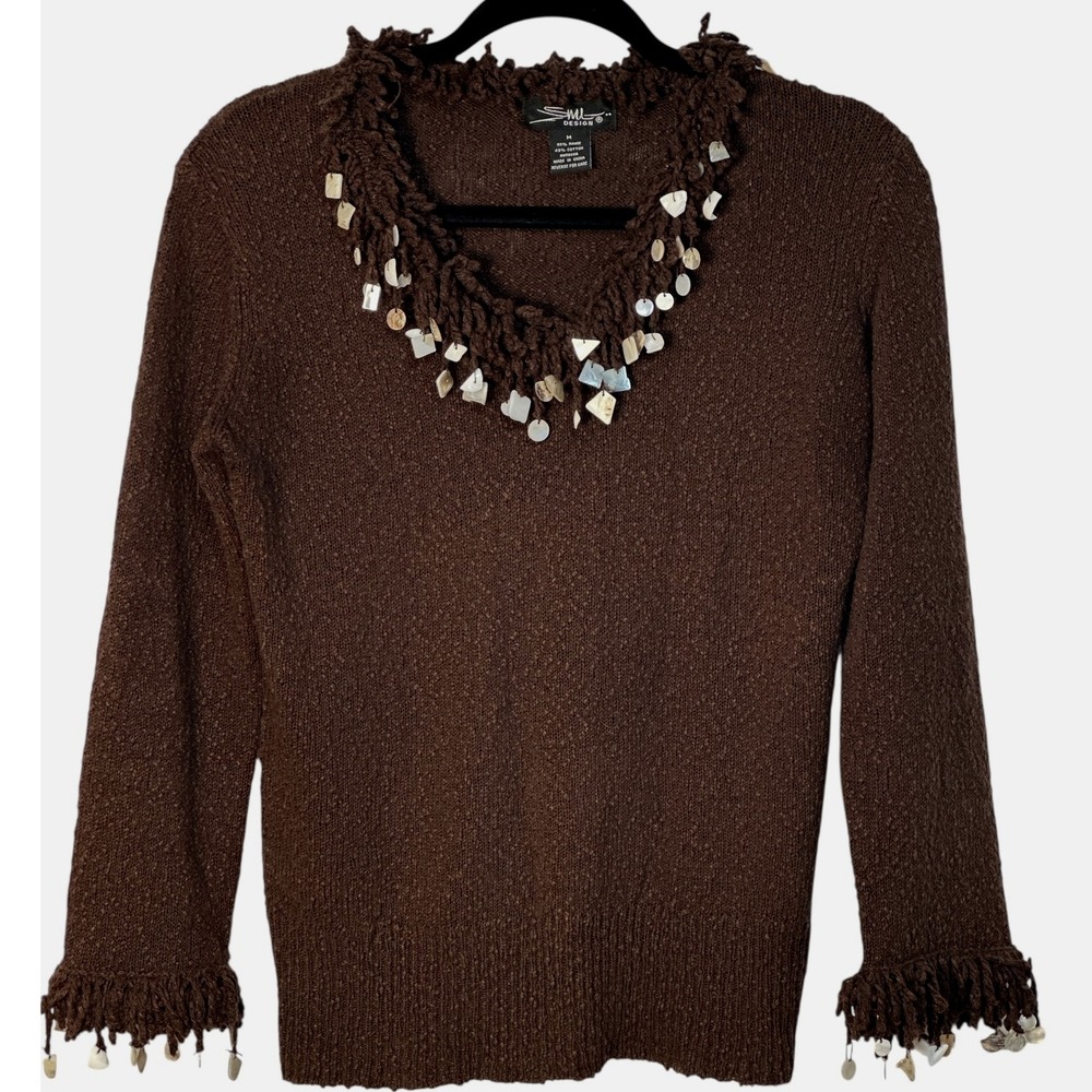 SML Design Embellished Fringe Trim‎ Knit Sweater Boho Ramie Cotton Blend Brown M